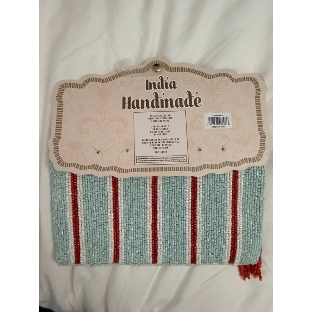 NEW India Handmade Beaded Striped Clutch Tassel Bag Blue Red White Medium Size - Picture 6 of 6